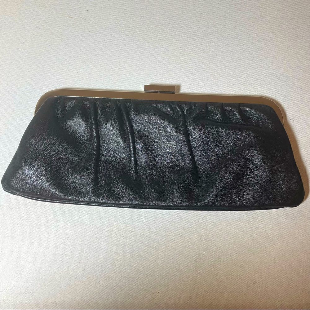 Express black leather kiss lock clutch with silver hardware